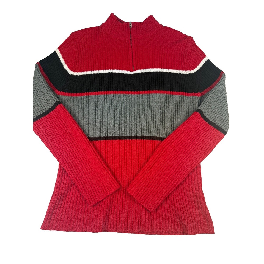 Carolyn Taylor Essentials Womens Half Zip Ribbed Sweater Red Black Gray Striped